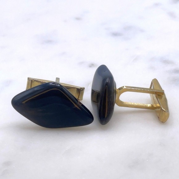 Unknown Gemstone Stone Accent Translucent Black Gold Mens Whale Back Cufflinks - Picture 2 of 8